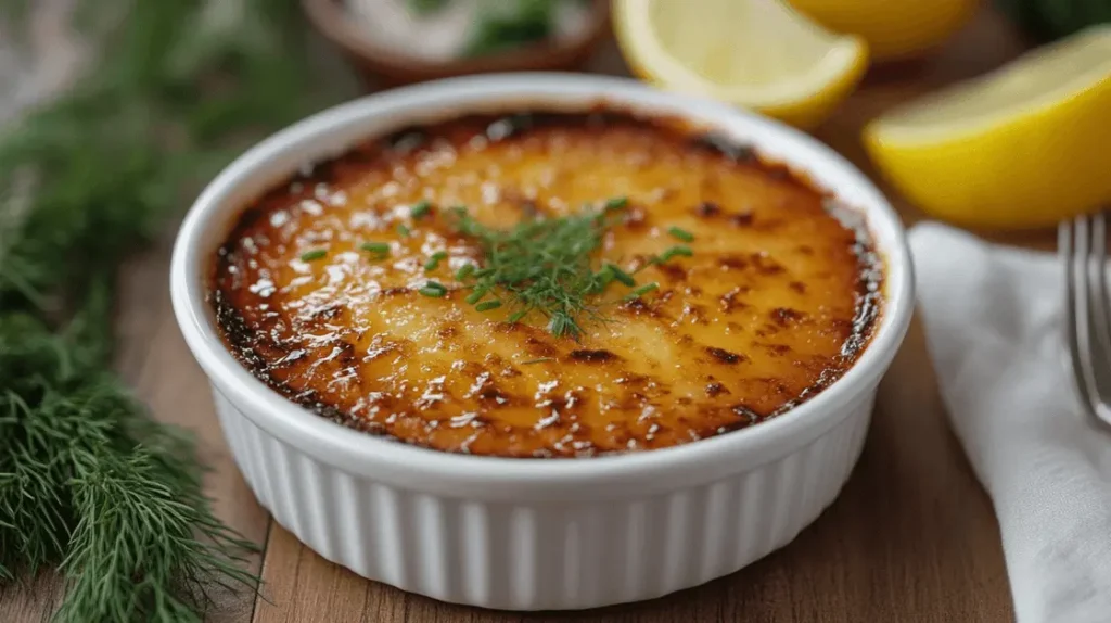 Close-up of a golden, caramelized crab brulee in a ramekin, garnished with fresh herbs and served on a rustic wooden table