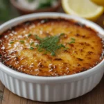 Close-up of a golden, caramelized crab brulee in a ramekin, garnished with fresh herbs and served on a rustic wooden table