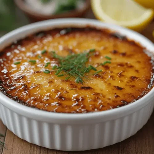 Close-up of a golden, caramelized crab brulee in a ramekin, garnished with fresh herbs and served on a rustic wooden table