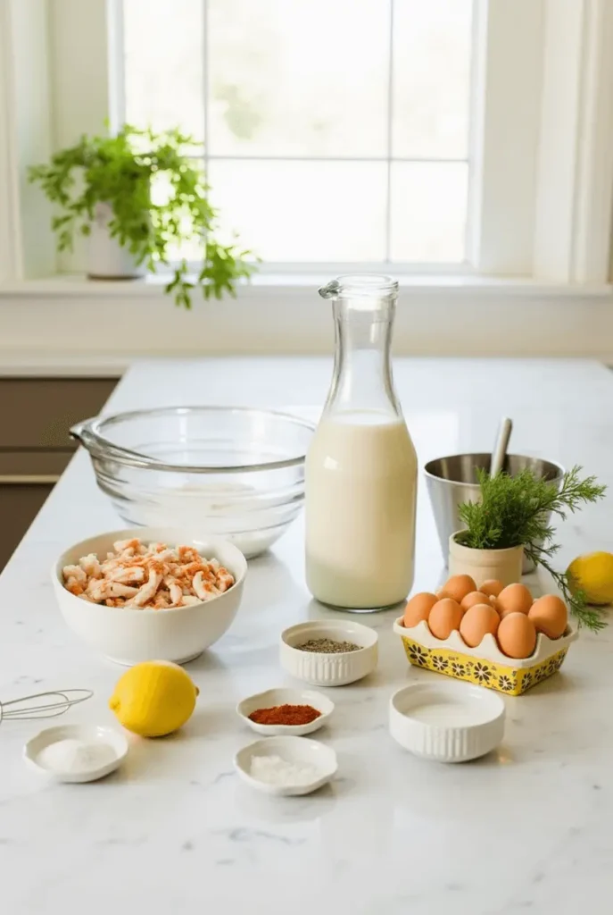 Fresh ingredients for crab brulee recipe, including lump crab meat, eggs, heavy cream, granulated sugar, and herbs, arranged neatly on a modern kitchen countertop.