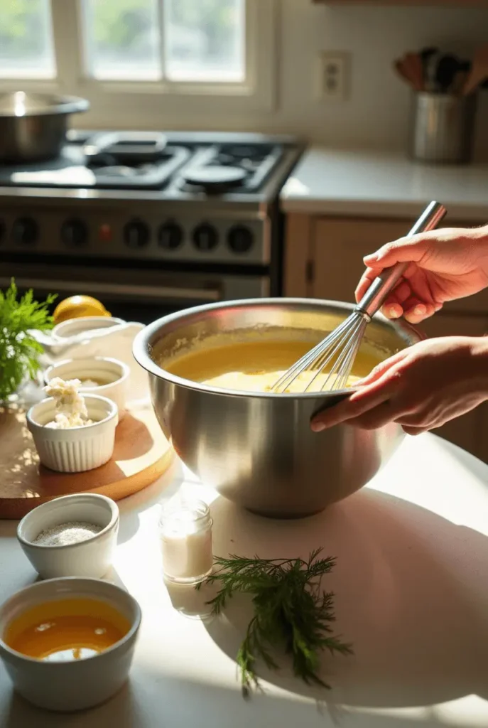 Chef whisking a creamy custard mixture in a bowl for crab brulee, with fresh crab meat and eggs visible on the counter.