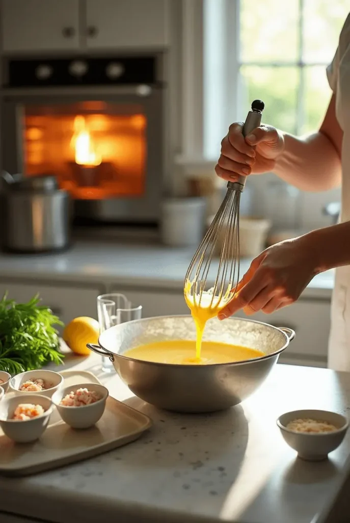 Caramelizing the sugar topping on crab brulee using a kitchen torch, with golden crust forming on the custard